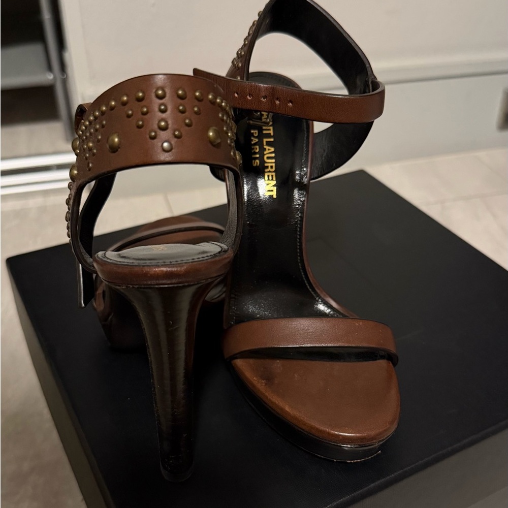 Saint Laurent Brown Leather Studded Platform Heel Sandal - Picture 6 of 11